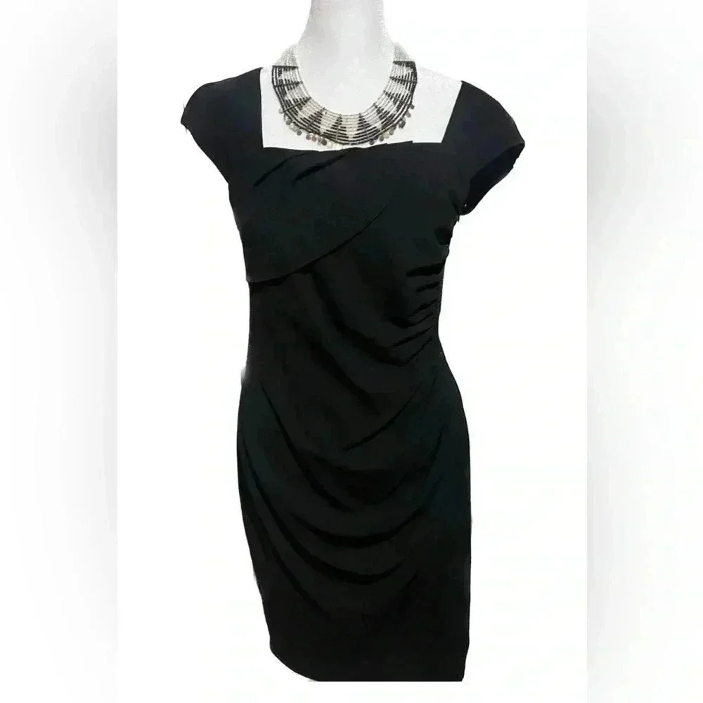 THML black cap sleeve medium side ruched square neck dress